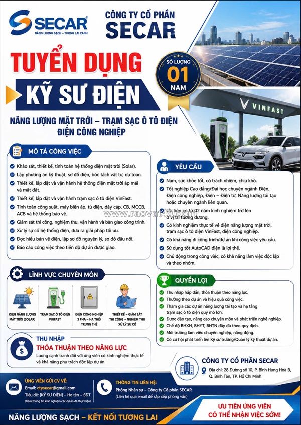Tuyển nv kỹ thuật trạm sạc ô tô điện – điện cn