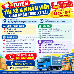 Tuyển tài xế & nhân viên giao nhận theo xe tải