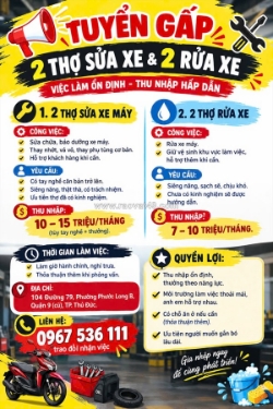 Tuyển thợ sửa xe máy, thợ rửa xe tp. thủ đức