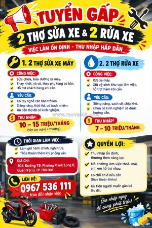 Tuyển thợ sửa xe máy, thợ rửa xe tp. thủ đức